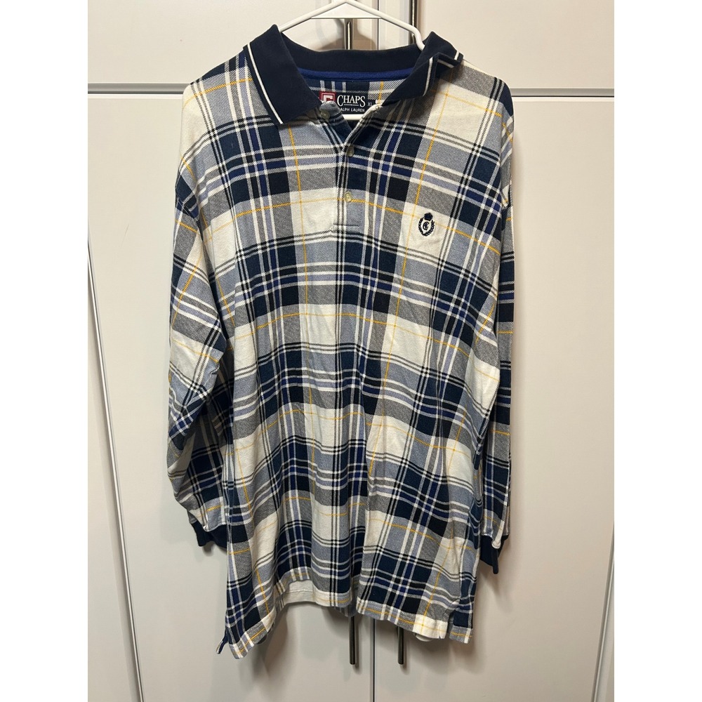 Chaps Ralph‎ Lauren Mens XL Long Sleeve Plaid Polo Shirt Navy Blue White Cotton